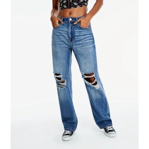 Aeropostale Sz 8 Skater Jeans Relaxed Wide Leg Distressed Ripped Knees Mid Wash - Picture 1 of 16